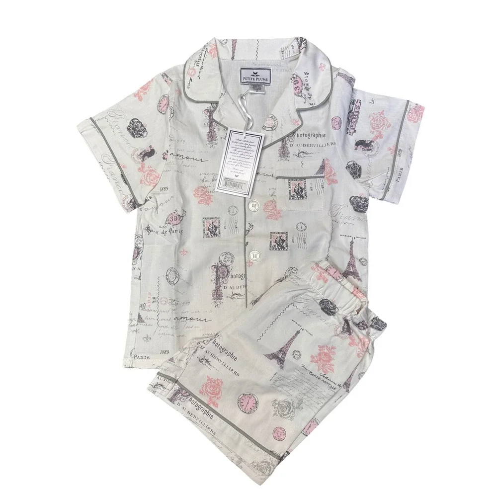 Petite Plume Girls Paris Musings Classic Short Pajama Set White Pink Size 2 NEW